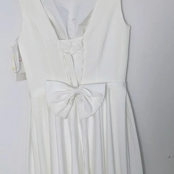 Off White Boatneck Midi Wedding Dress Romantic Lace-Up Back and bow Sz 6 NEW - Picture 9 of 16